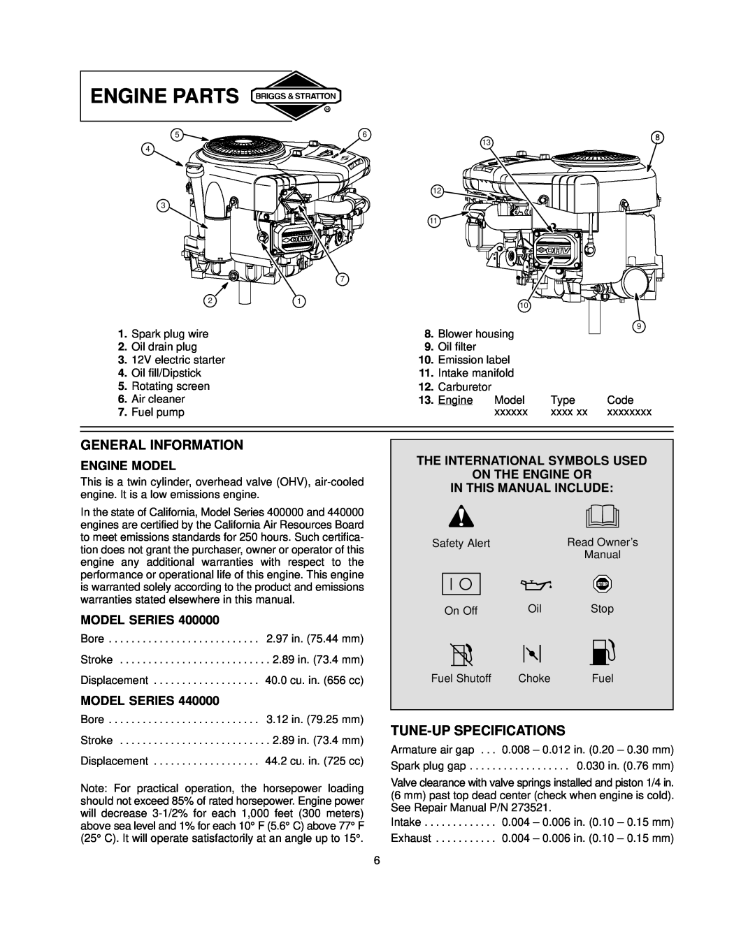 Briggs & Stratton 445700, 407700 Engine Parts, General Information, Tune-Upspecifications, Engine Model, Model Series 