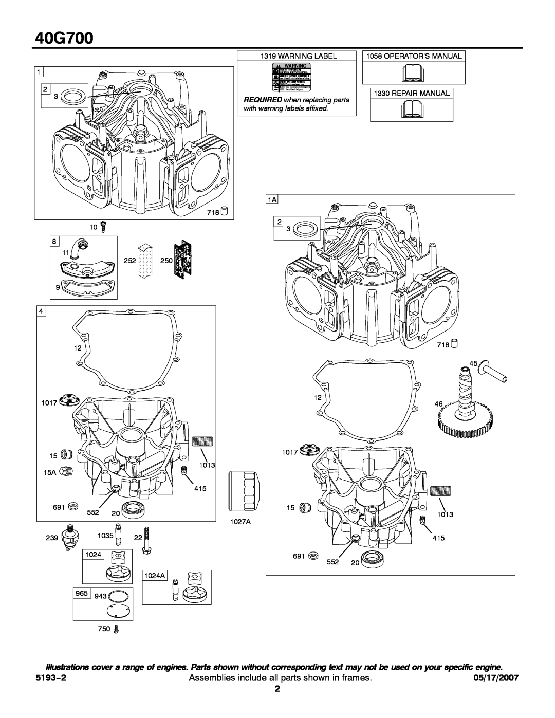Briggs & Stratton 40G700 5193−2, Assemblies include all parts shown in frames, 05/17/2007, with warning labels affixed 