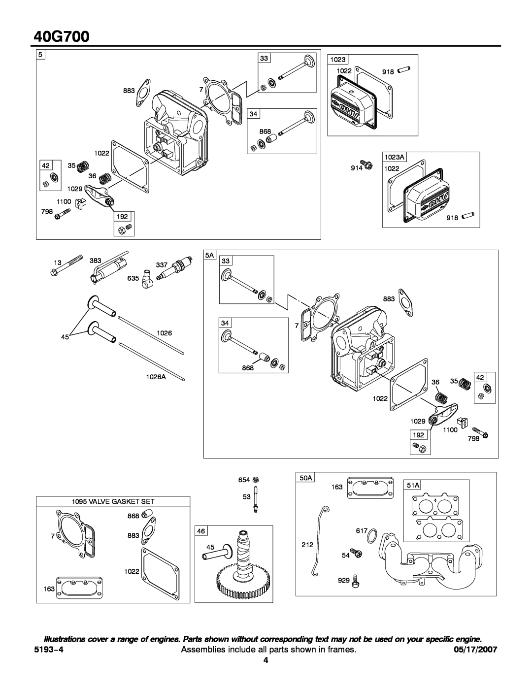 Briggs & Stratton 40G700 service manual 5193−4, Assemblies include all parts shown in frames, 05/17/2007 