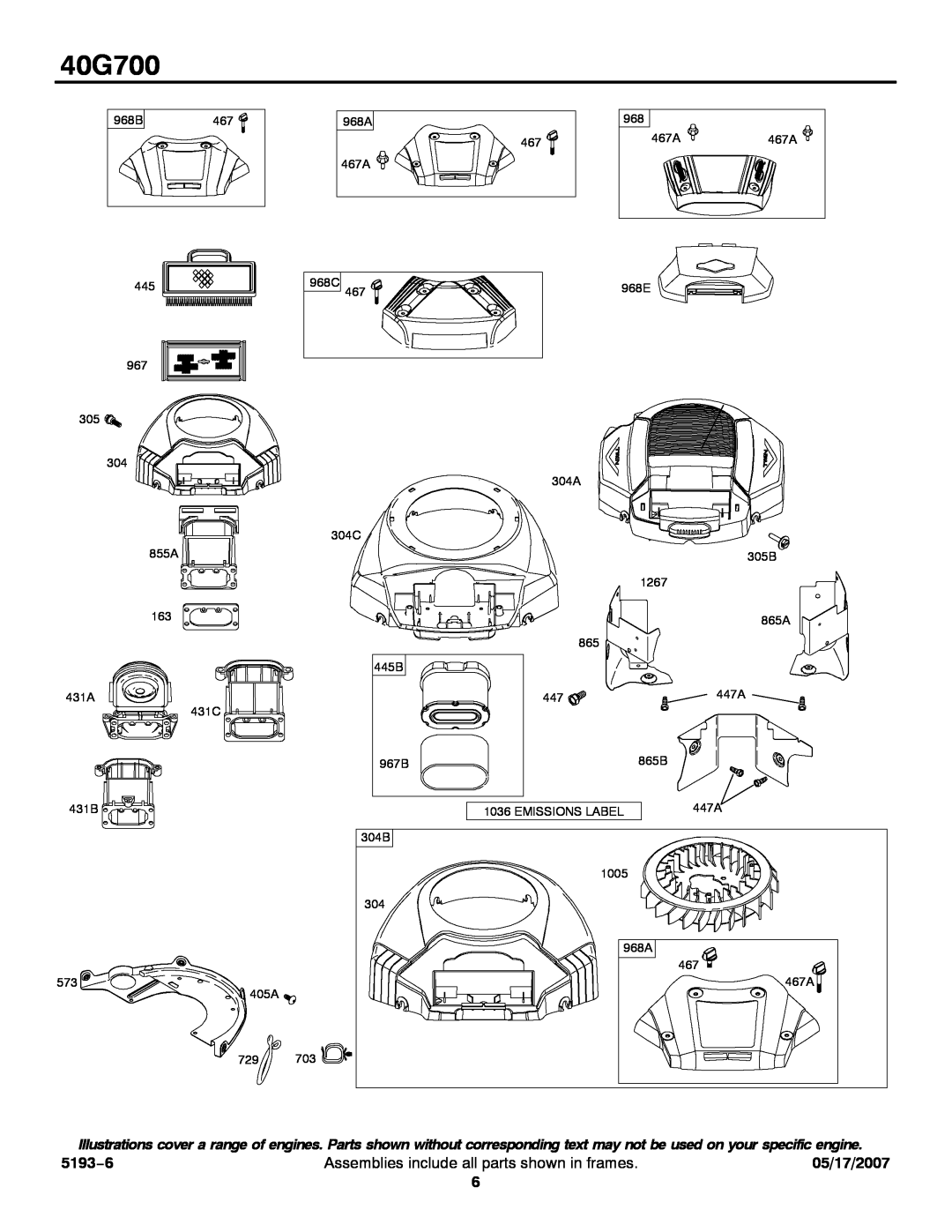 Briggs & Stratton 40G700 service manual 5193−6, Assemblies include all parts shown in frames, 05/17/2007, 968B 