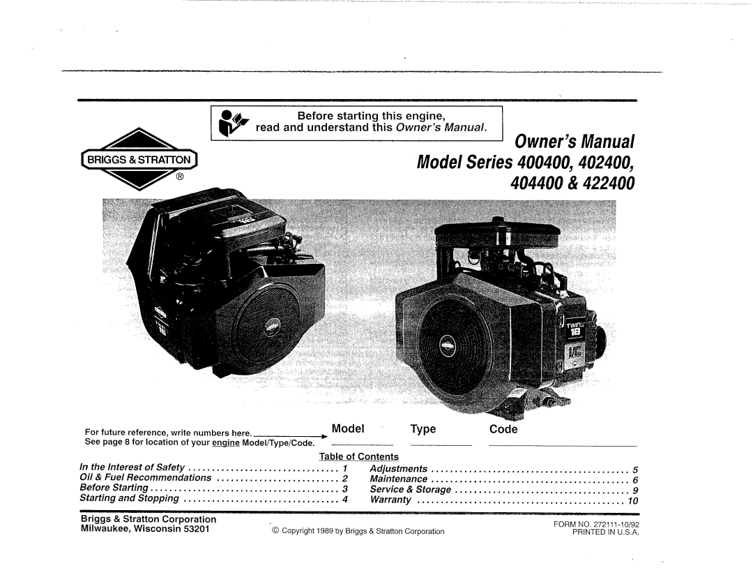 Briggs & Stratton 404400, 422400, 402400, 400400 manual 