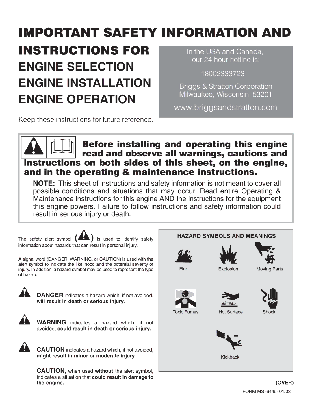 Briggs & Stratton 402400, 422400, 404400, 400400 manual Important Safety Information 