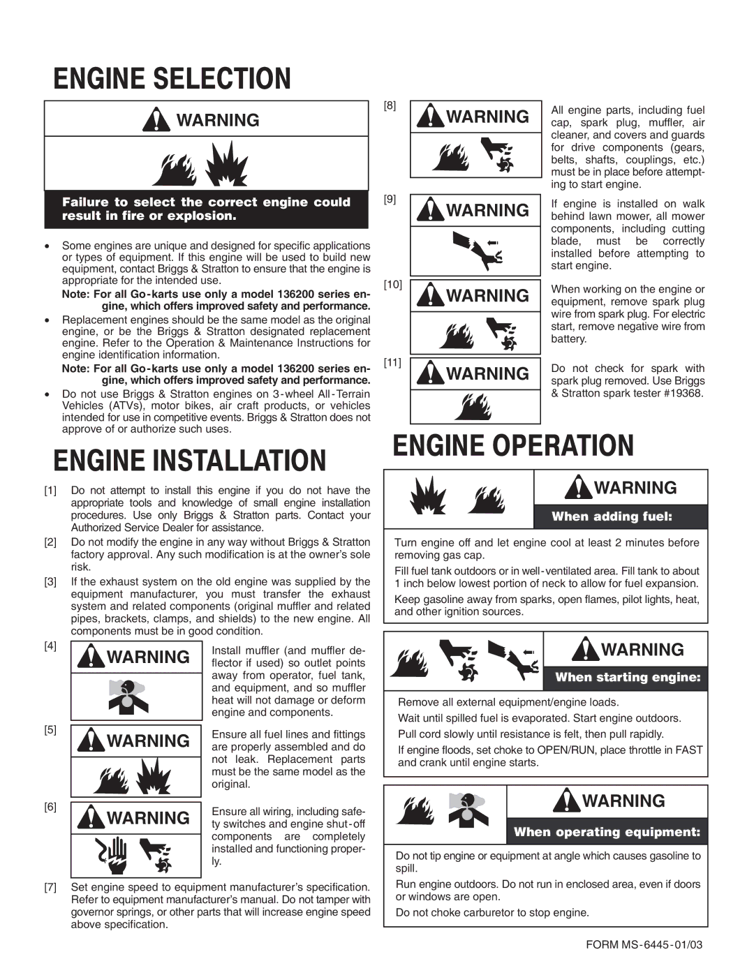 Briggs & Stratton 400400, 422400, 404400, 402400 manual Engine Selection 