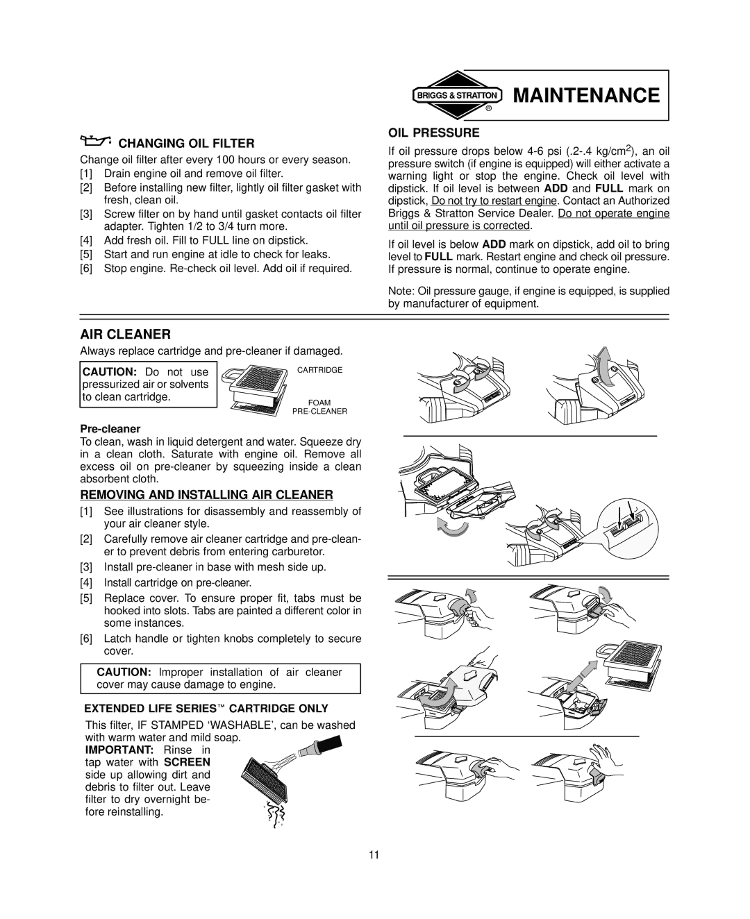 Briggs & Stratton 400000, 440000 Changing OIL Filter, OIL Pressure, Removing and Installing AIR Cleaner, Pre-cleaner 