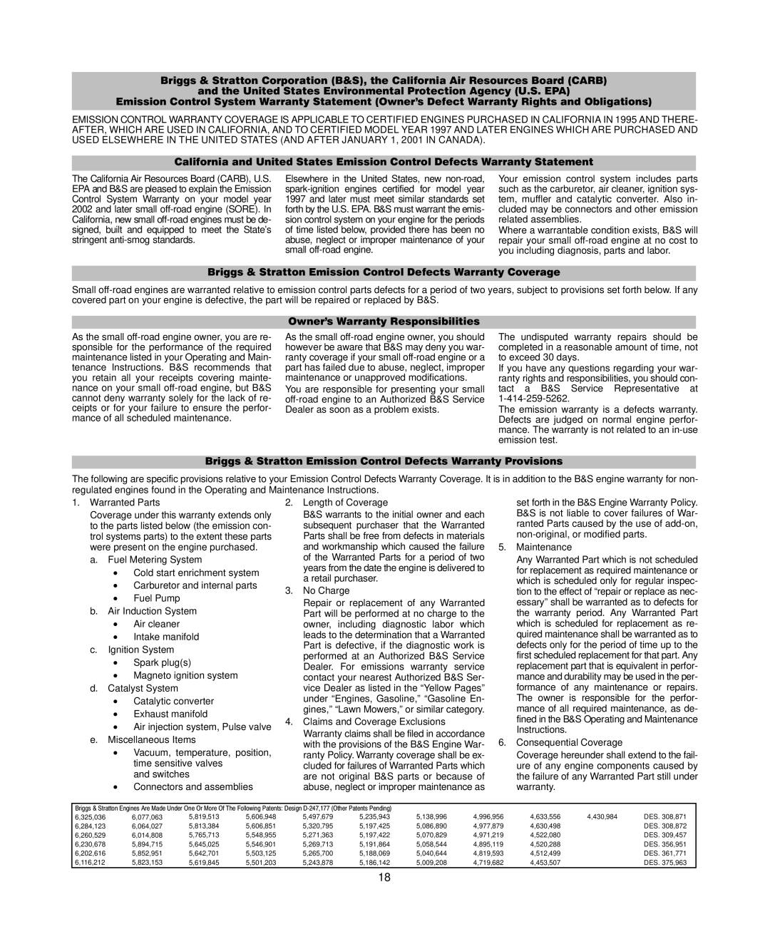 Briggs & Stratton 440000, 400000 warranty Briggs & Stratton Emission Control Defects Warranty Coverage 