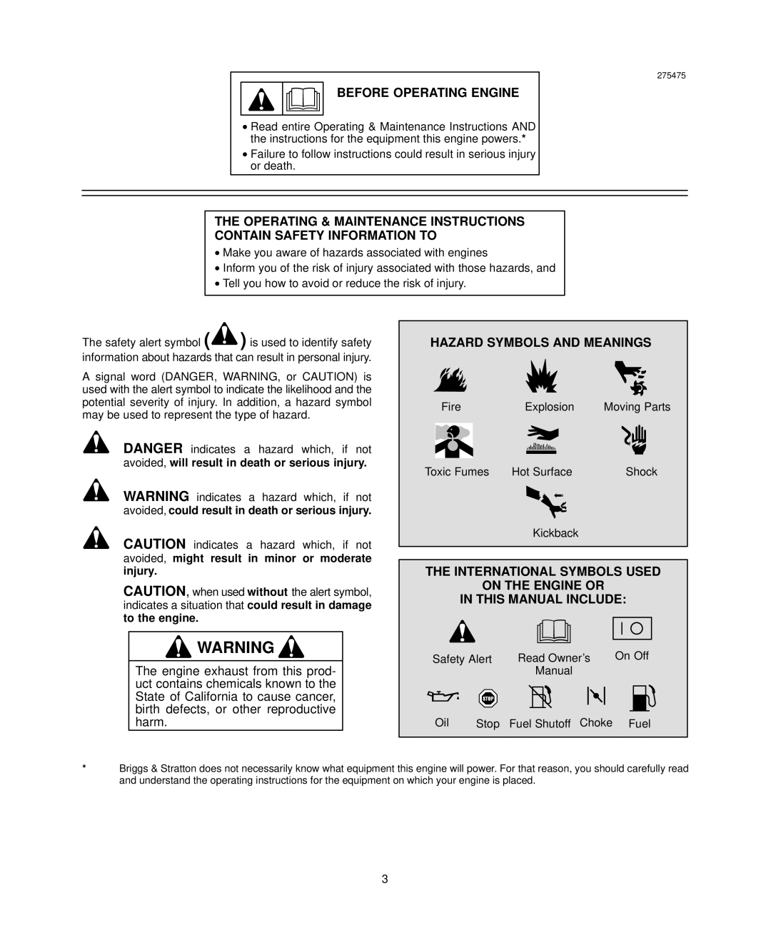 Briggs & Stratton 400000, 440000 warranty Before Operating Engine, Hazard Symbols and Meanings 