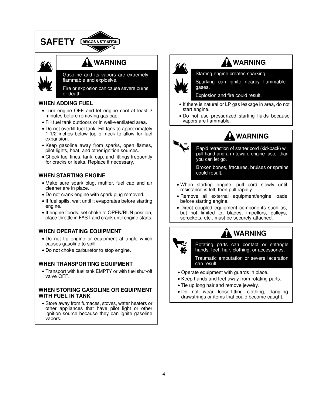 Briggs & Stratton 440000, 400000 warranty Safety 