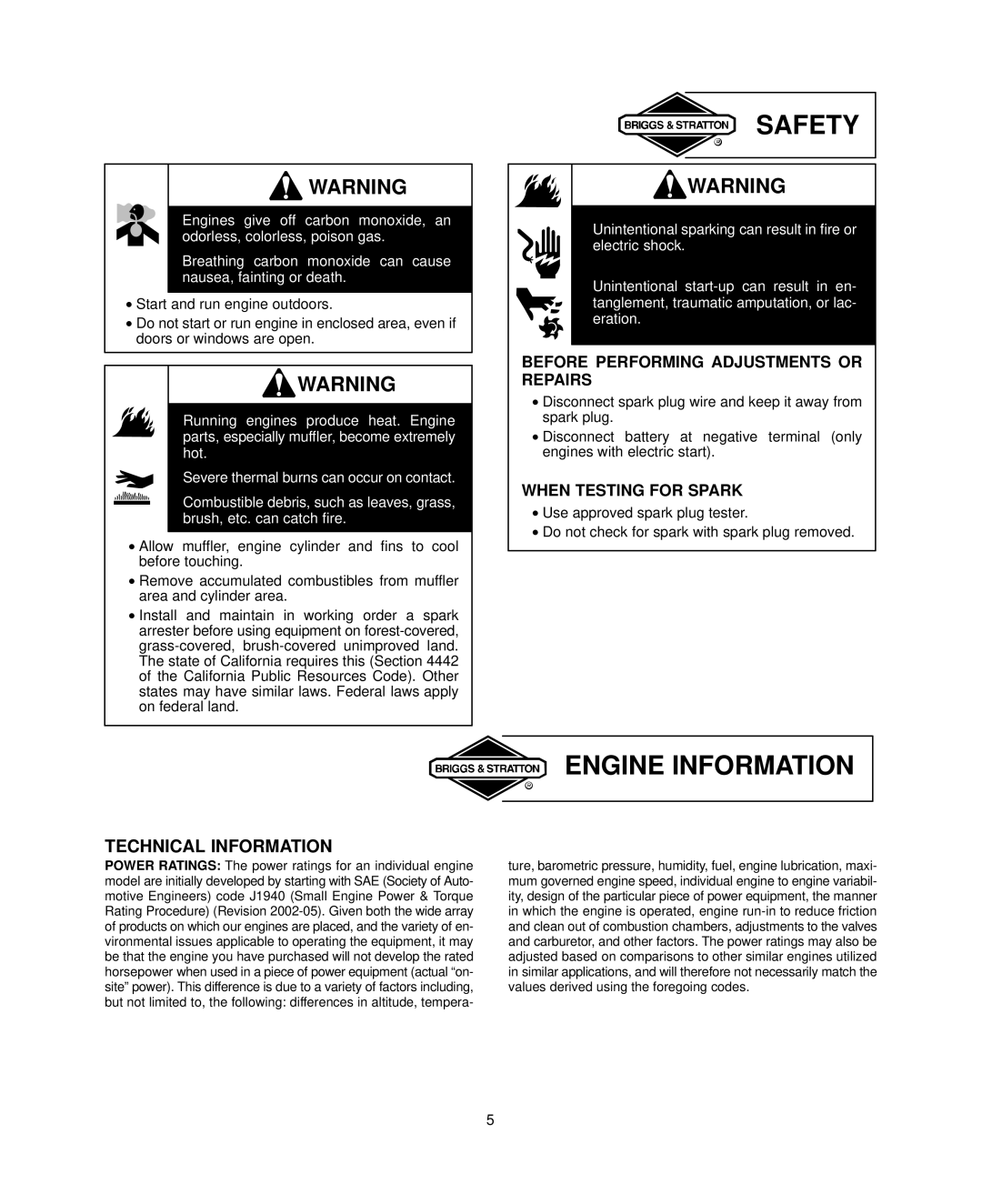 Briggs & Stratton 400000, 440000 Engine Information, Before Performing Adjustments or Repairs, When Testing for Spark 