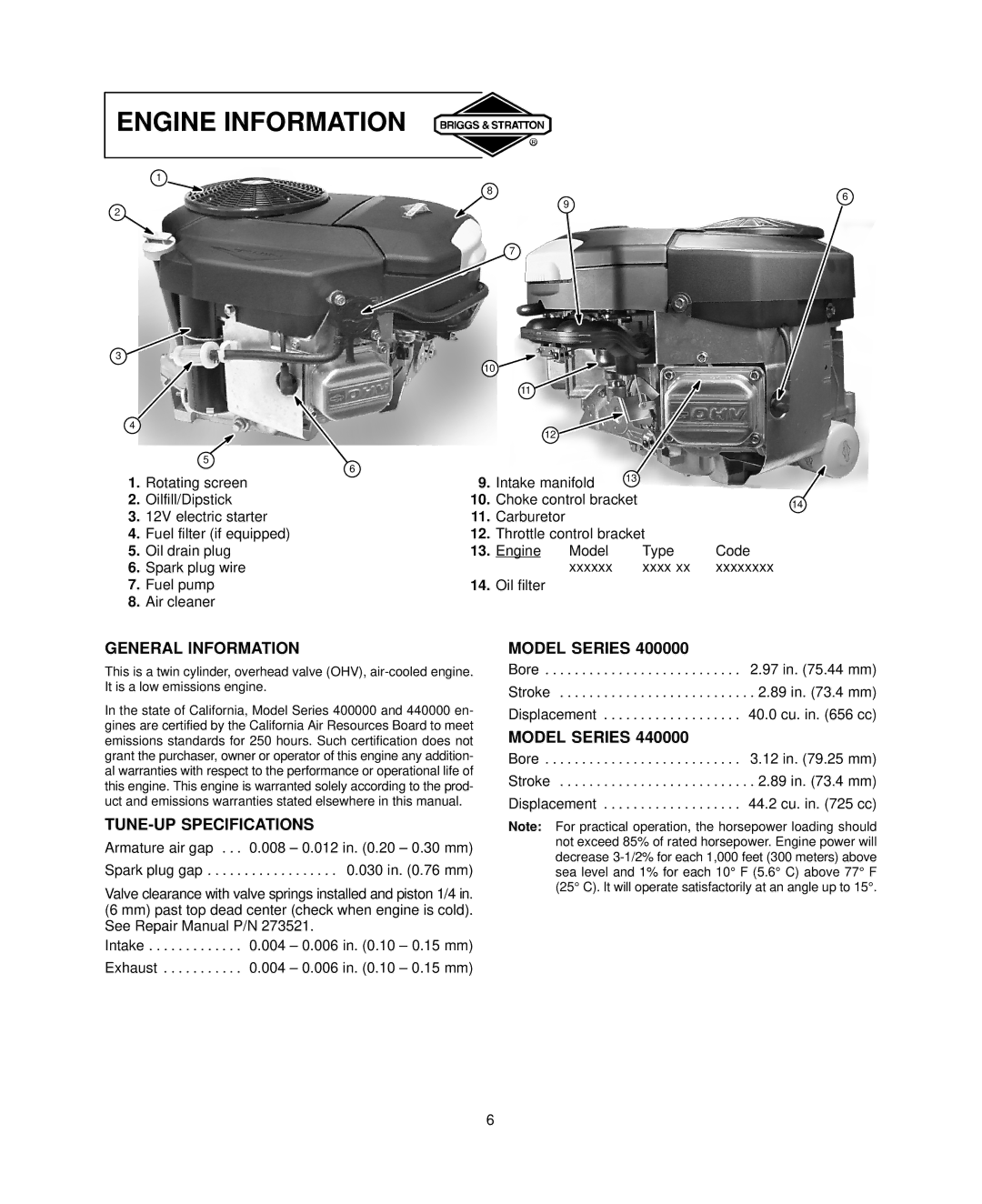 Briggs & Stratton 440000, 400000 warranty General Information, TUNE-UP Specifications, Model Series 