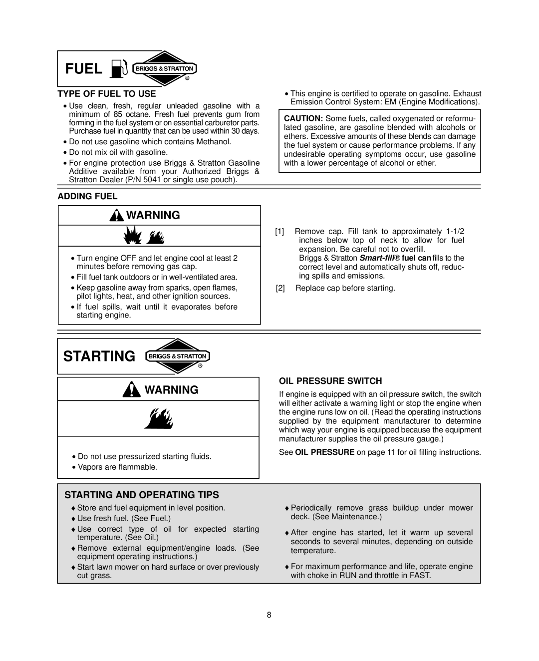 Briggs & Stratton 440000, 400000 warranty Starting, Type of Fuel to USE, Adding Fuel, OIL Pressure Switch 