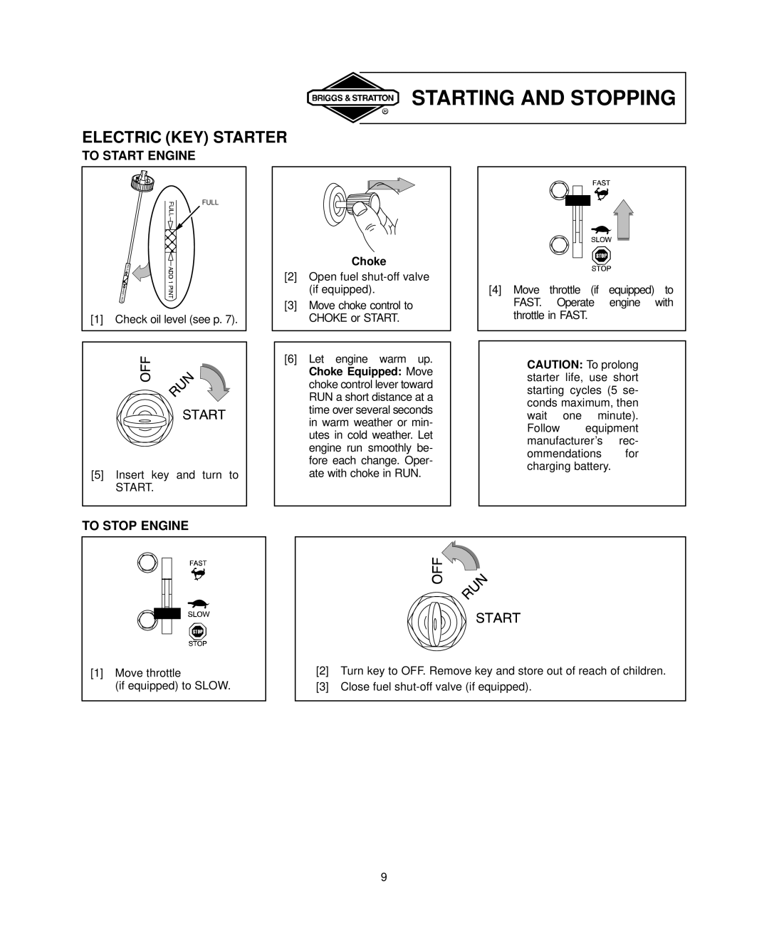 Briggs & Stratton 400000, 440000 Starting and Stopping, Electric KEY Starter, To Start Engine, To Stop Engine, Choke 