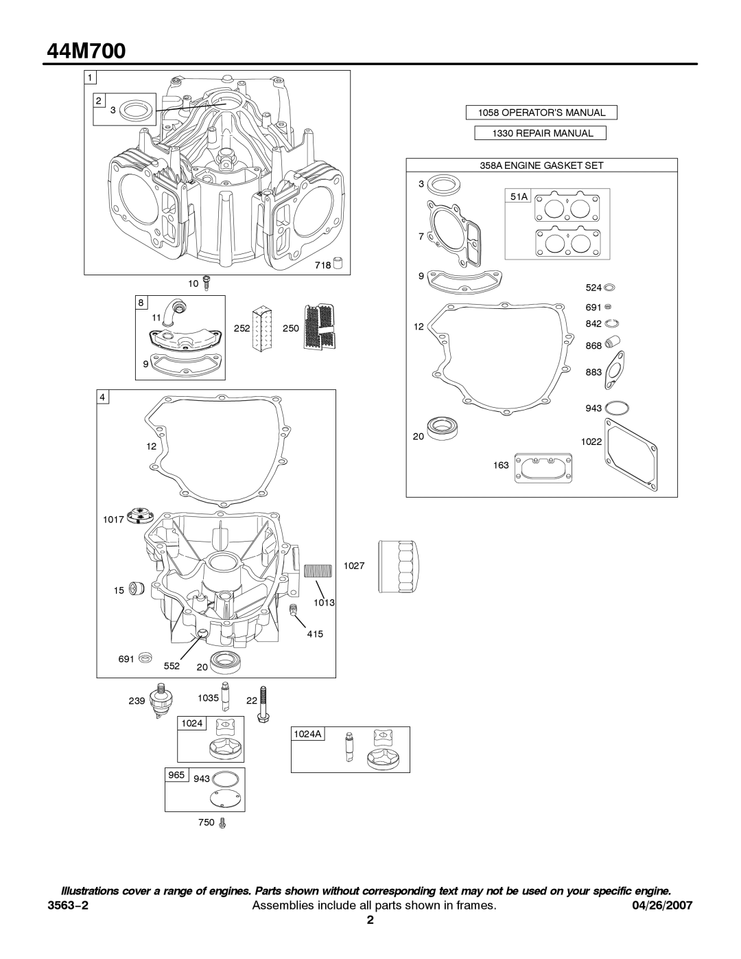 Briggs & Stratton 44M700 service manual OPERATOR’S Manual Repair Manual 358A Engine Gasket SET 