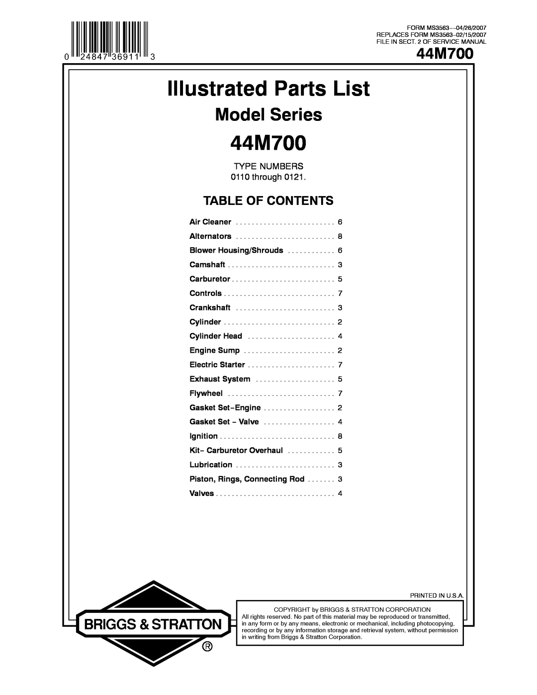 Briggs & Stratton 44M700 service manual Illustrated Parts List, Model Series, Table Of Contents, TYPE NUMBERS 0110 through 