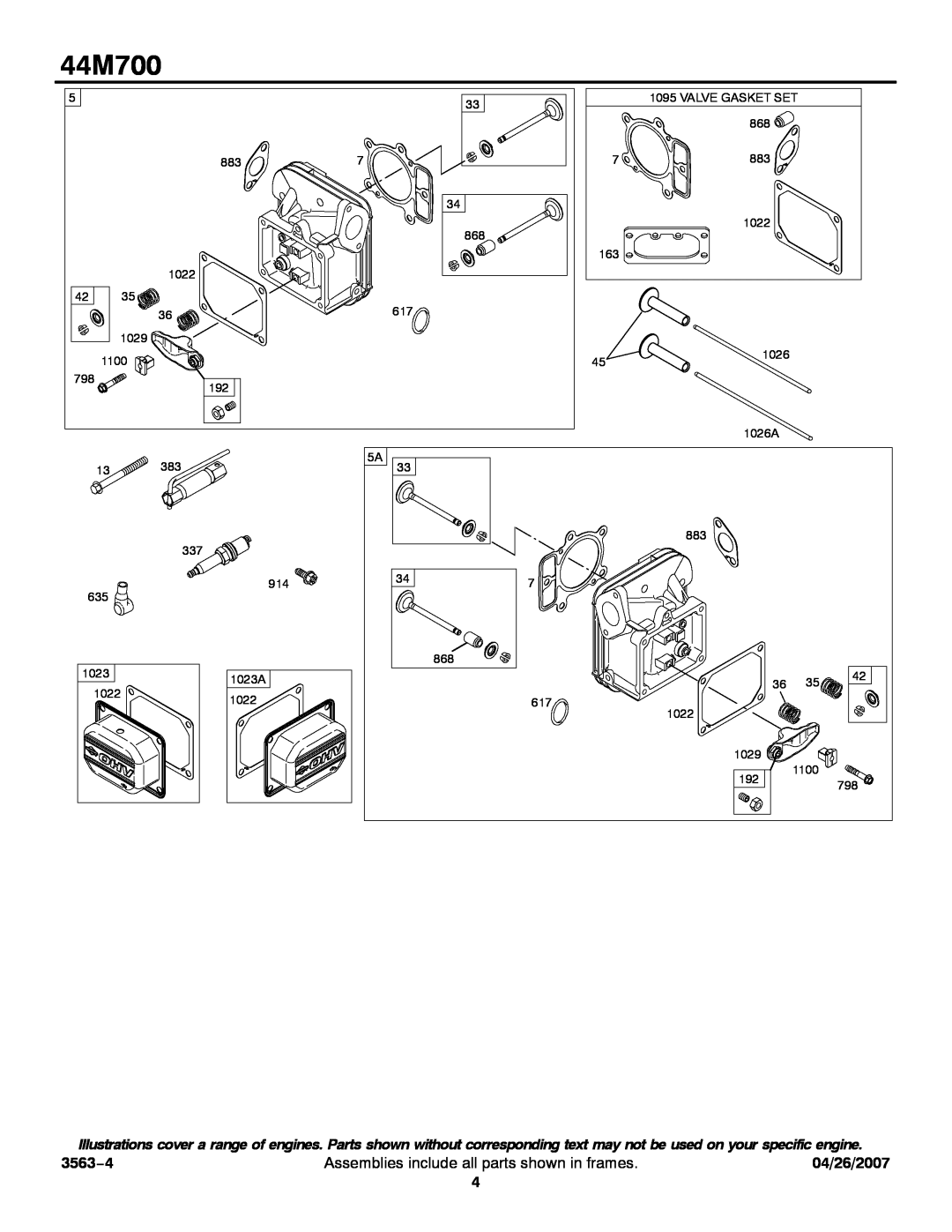 Briggs & Stratton 44M700 service manual 3563−4, Assemblies include all parts shown in frames, 04/26/2007 