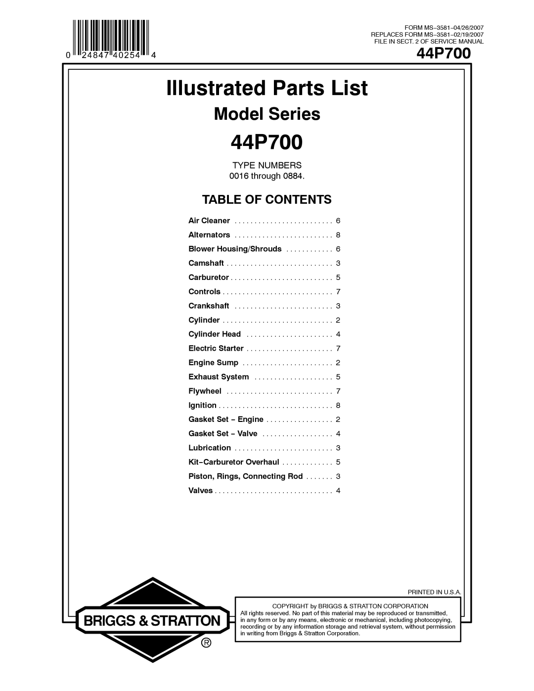 Briggs & Stratton 44P700 service manual Illustrated Parts List 