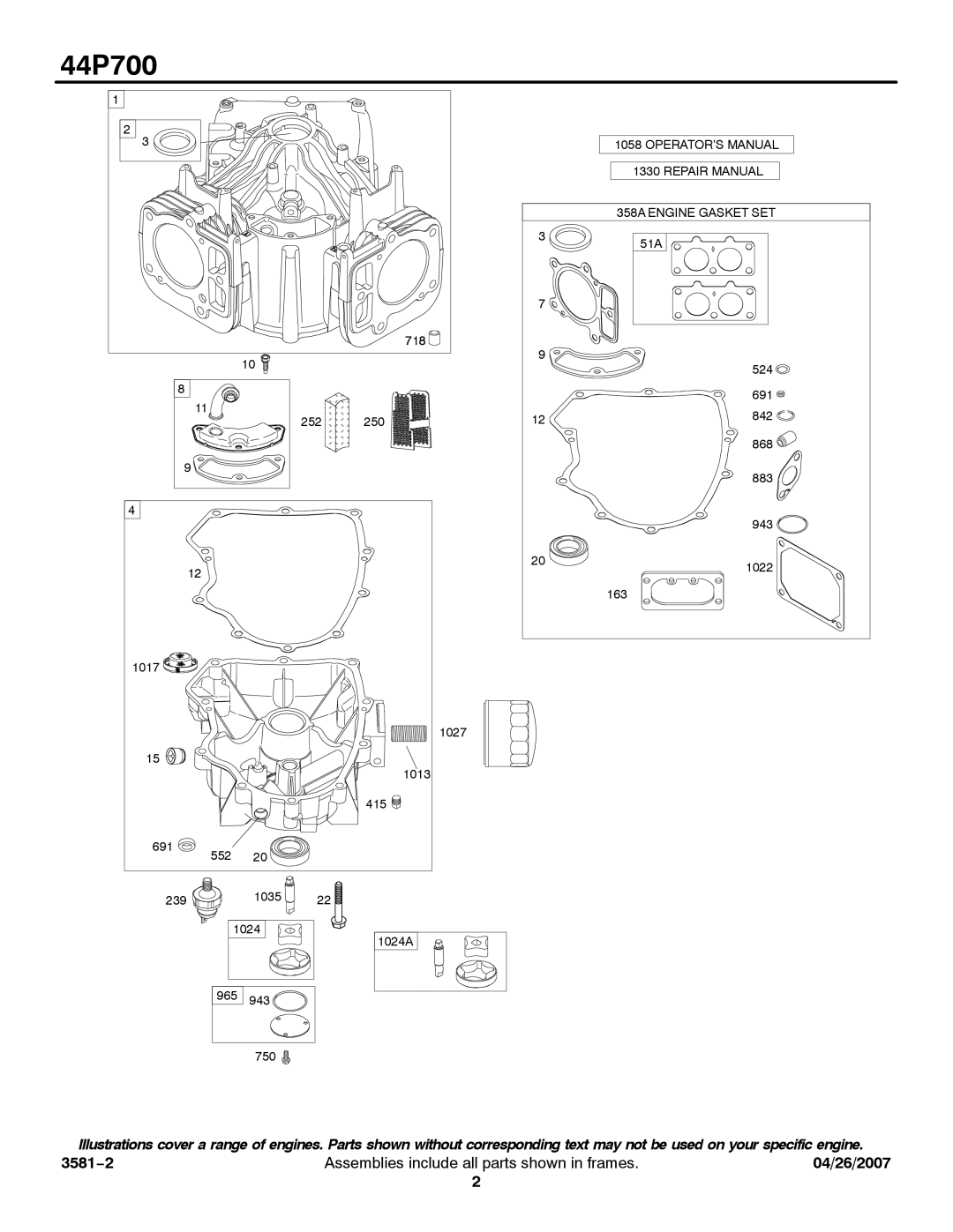 Briggs & Stratton 44P700 service manual OPERATOR’S Manual Repair Manual 358A Engine Gasket SET 