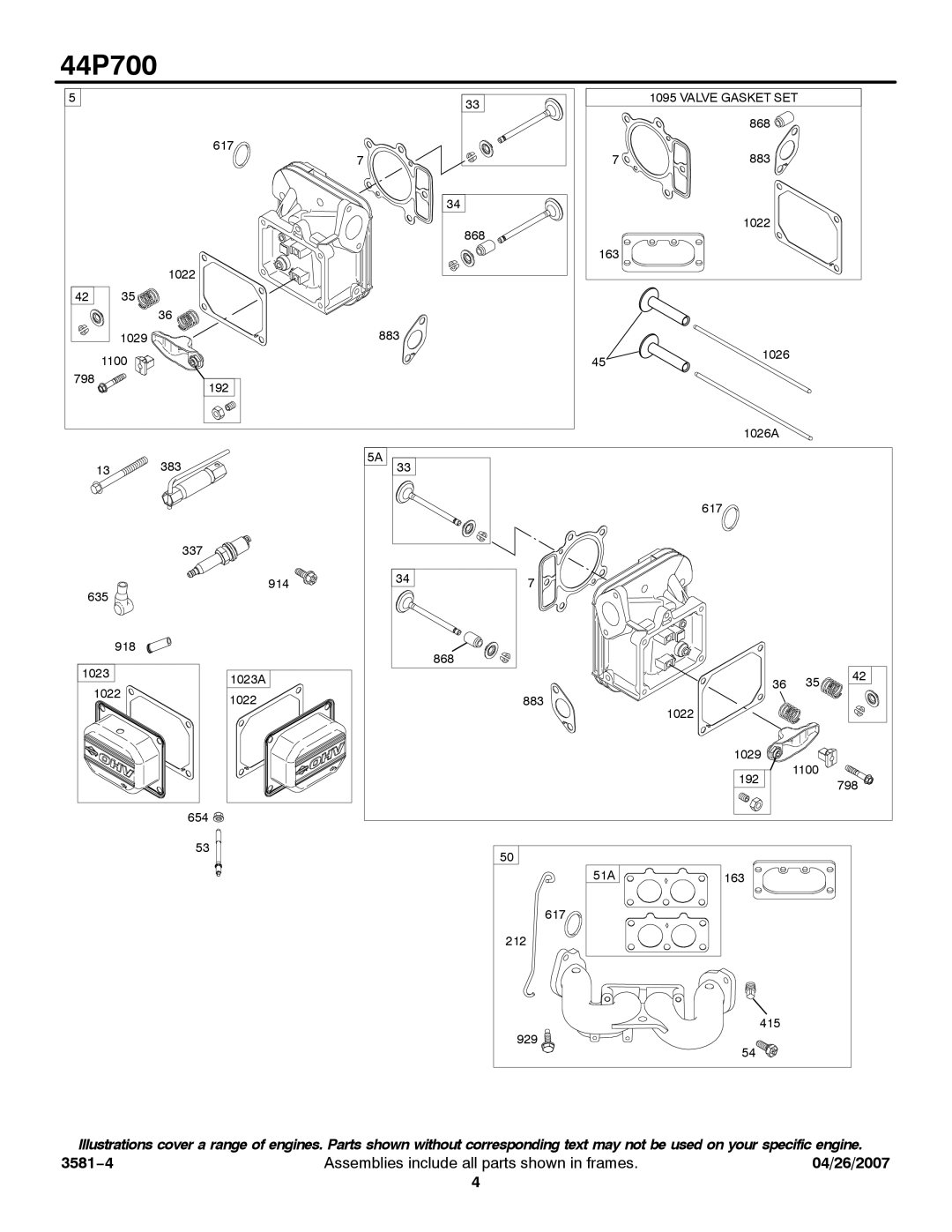 Briggs & Stratton 44P700 service manual Valve Gasket SET 