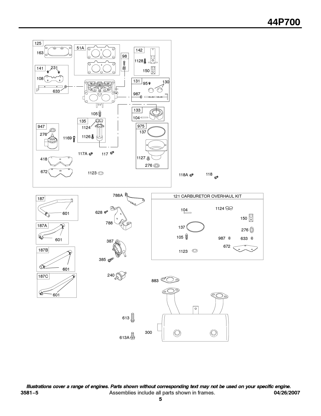 Briggs & Stratton 44P700 service manual Carburetor Overhaul KIT 