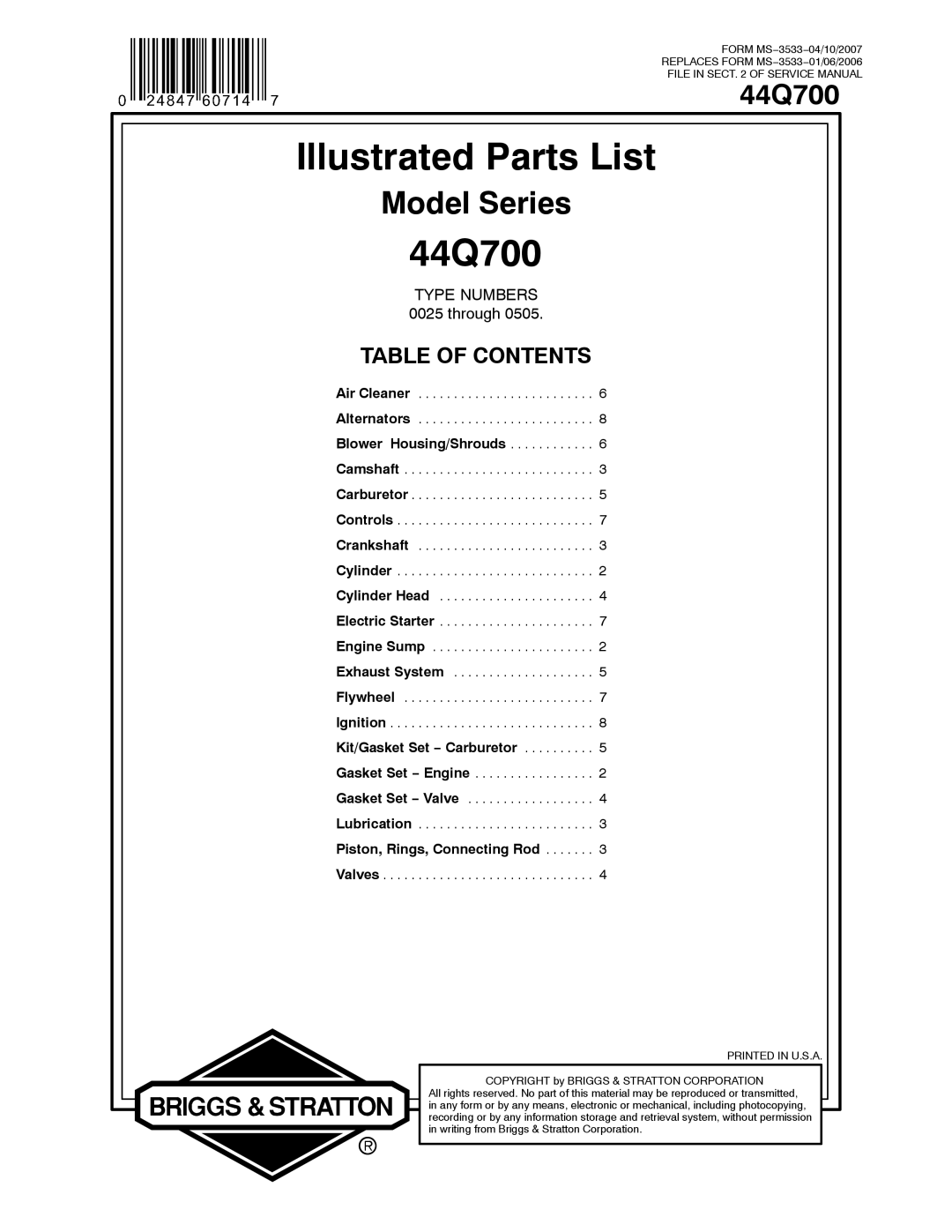 Briggs & Stratton 44Q700 service manual Illustrated Parts List 