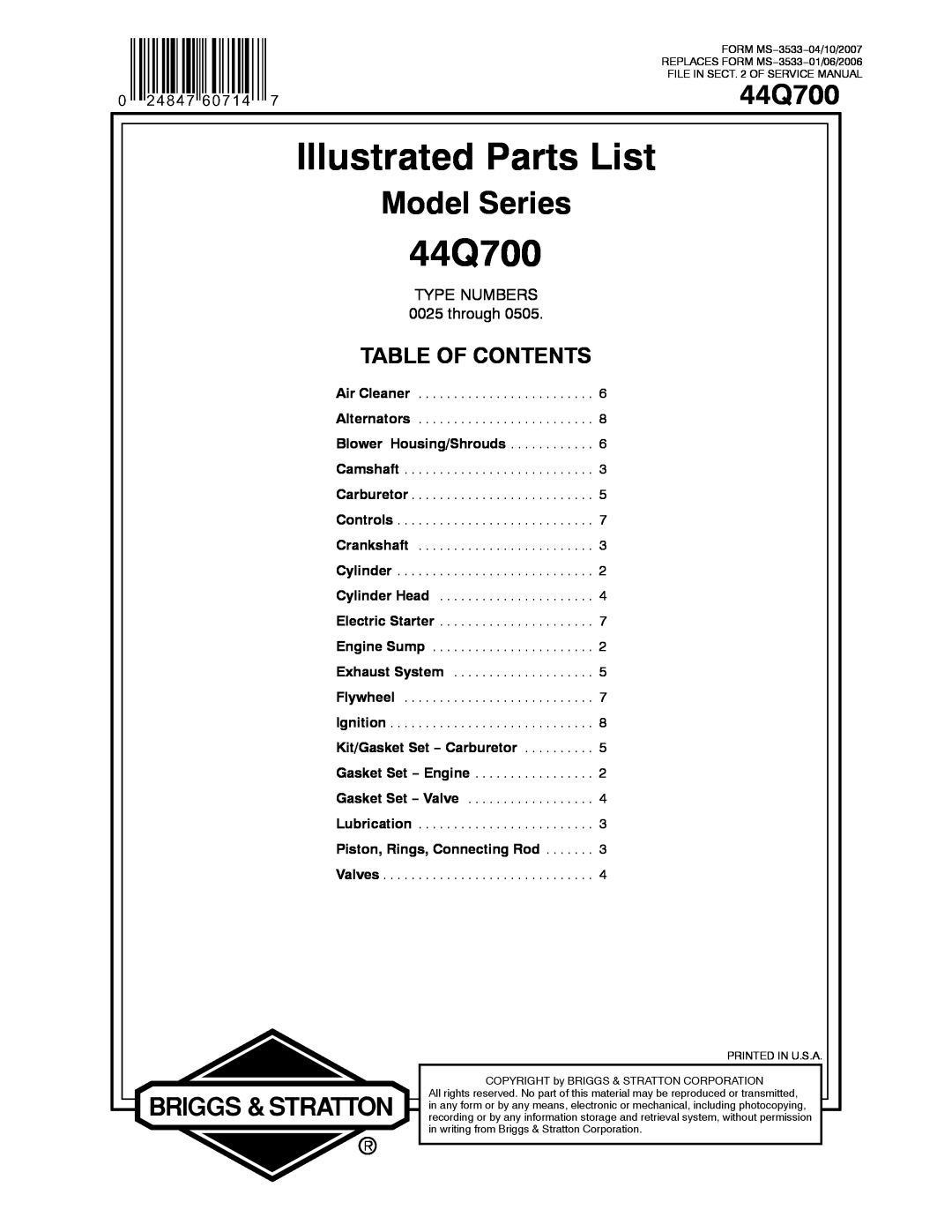 Briggs & Stratton 44Q700 service manual Illustrated Parts List, Model Series, Table Of Contents, TYPE NUMBERS 0025 through 