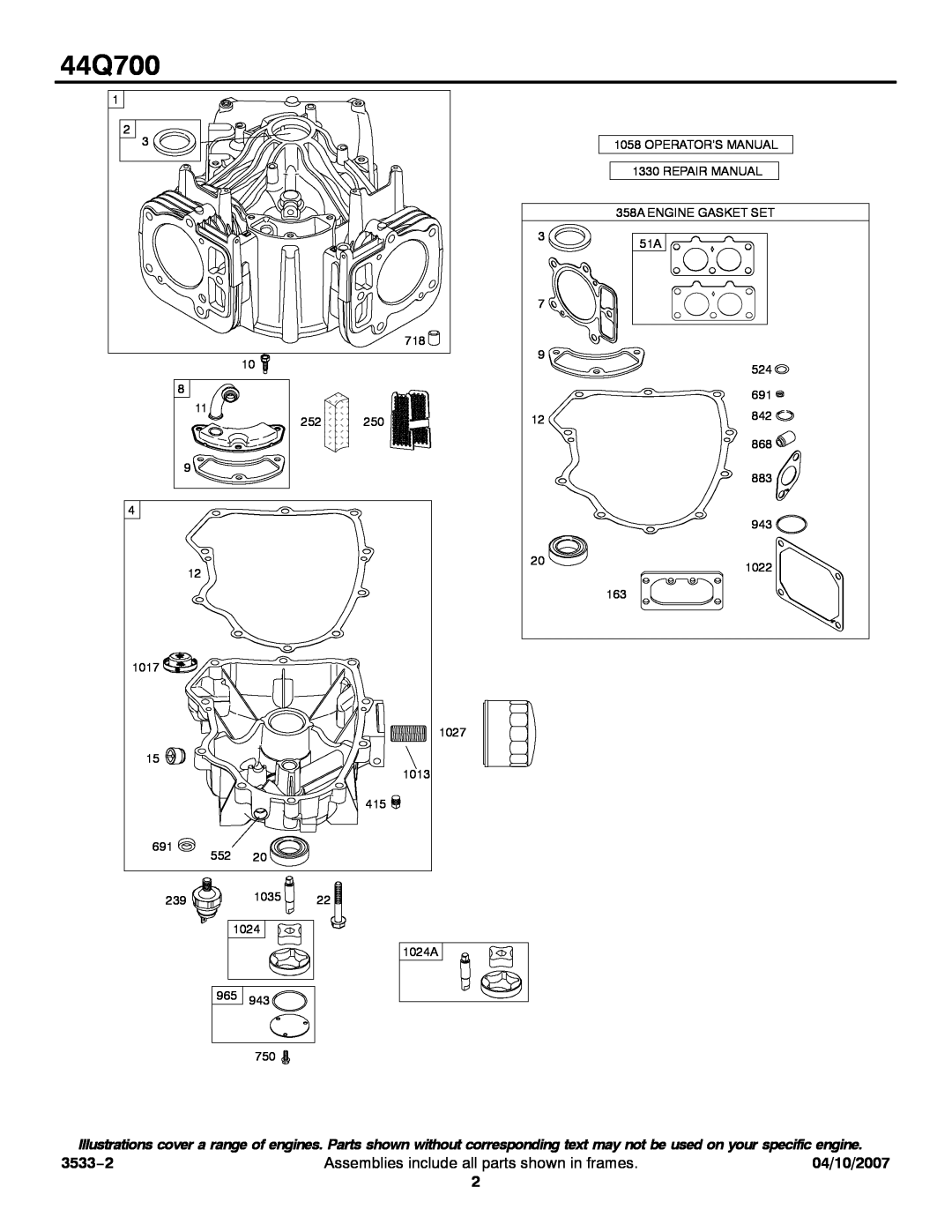 Briggs & Stratton 44Q700 service manual 3533−2, Assemblies include all parts shown in frames, 04/10/2007 