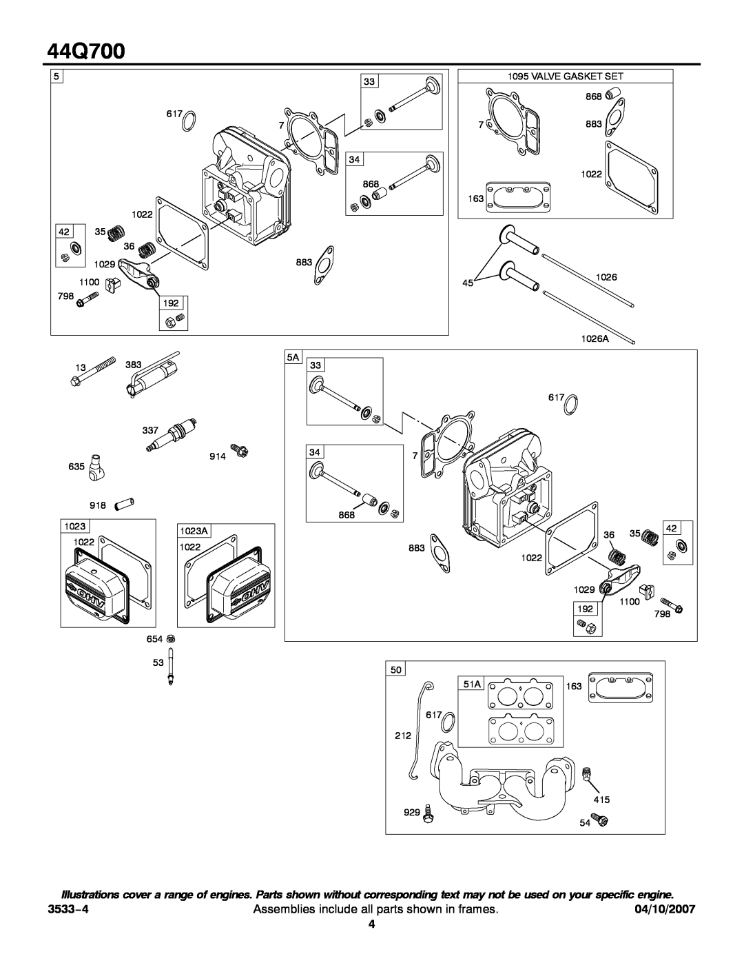 Briggs & Stratton 44Q700 service manual 3533−4, Assemblies include all parts shown in frames, 04/10/2007 