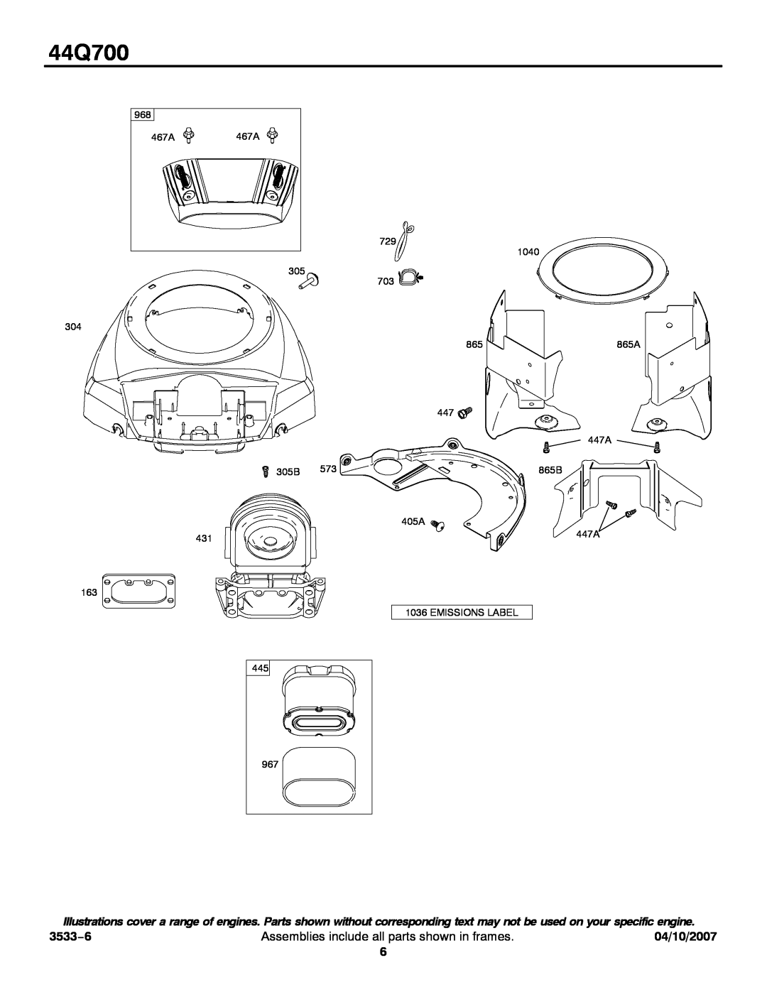 Briggs & Stratton 44Q700 service manual 3533−6, Assemblies include all parts shown in frames, 04/10/2007, 865A 