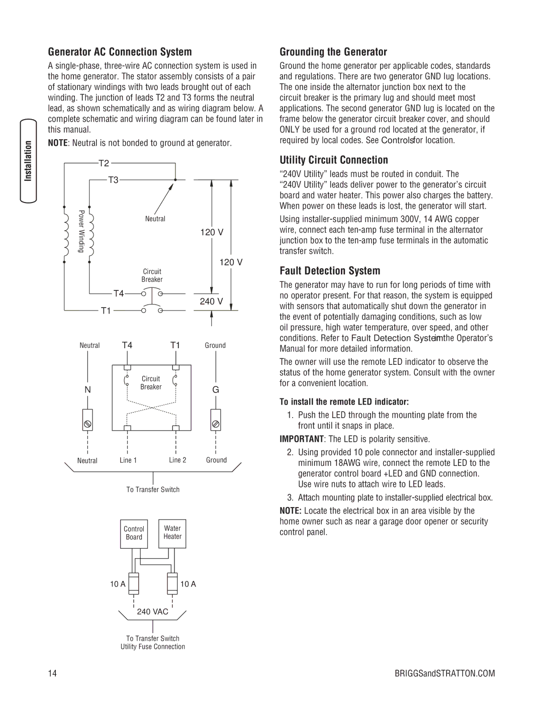 Briggs & Stratton 45000 system manual Generator AC Connection System, Grounding the Generator, Utility Circuit Connection 