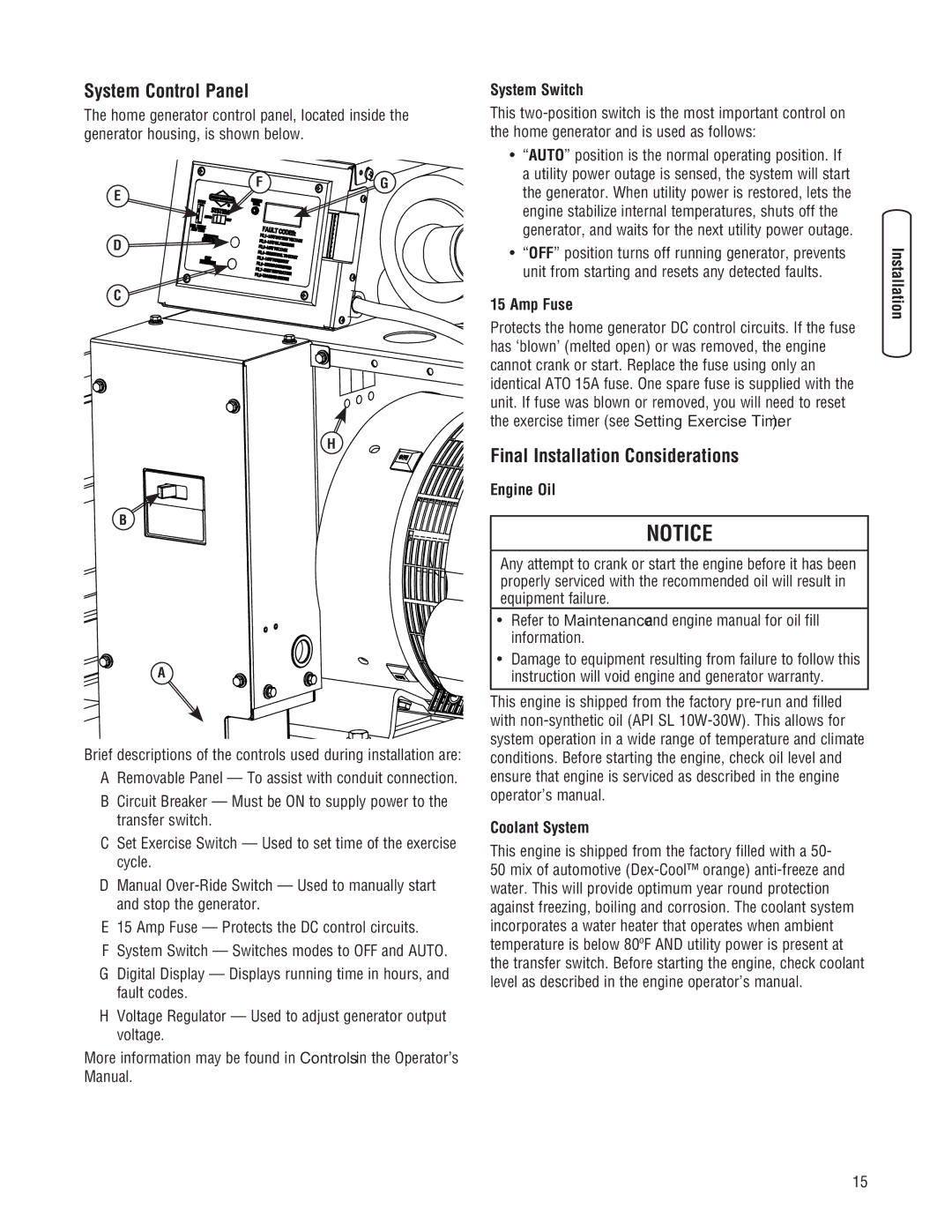 Briggs & Stratton 45000 system manual System Control Panel, Final Installation Considerations 