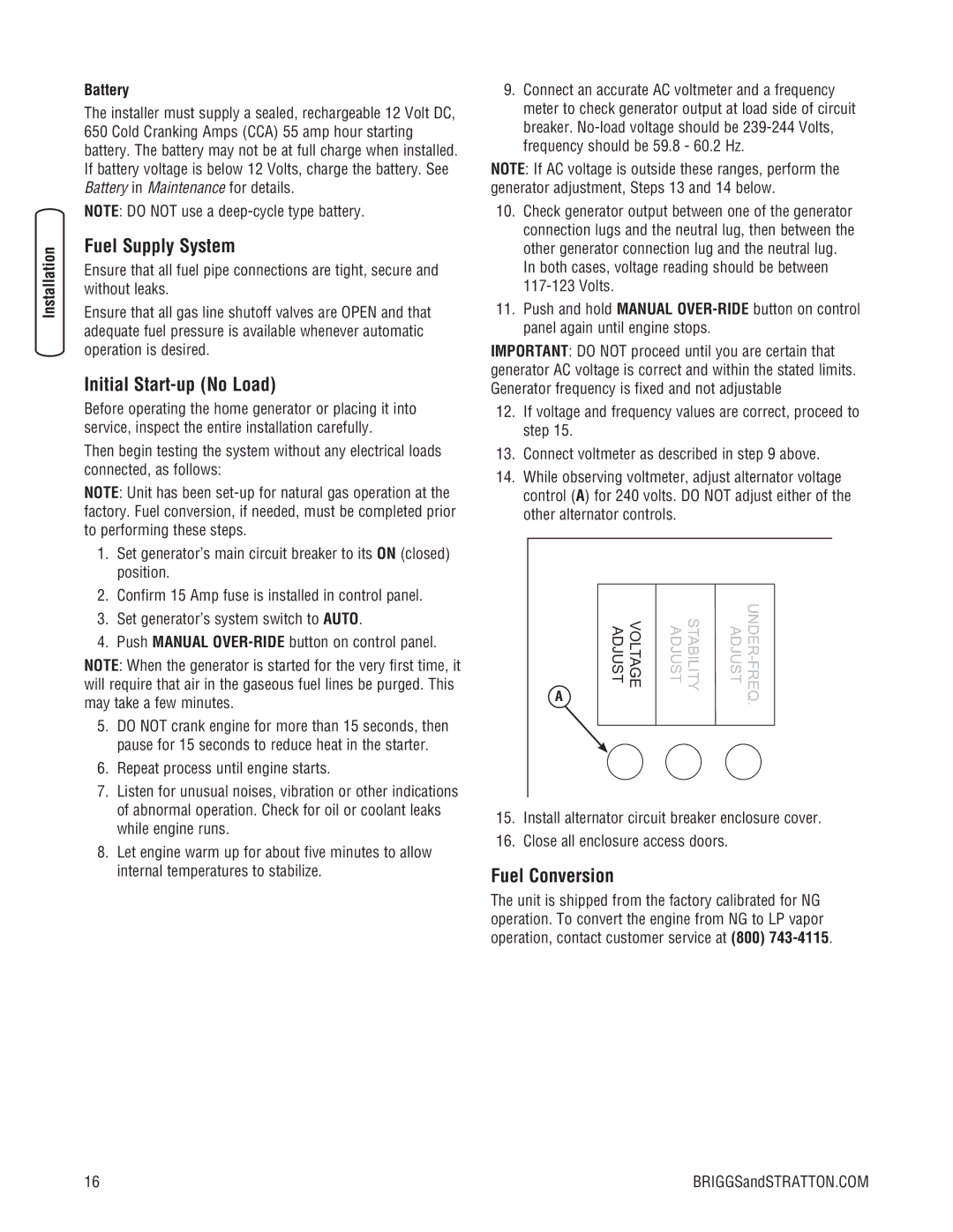 Briggs & Stratton 45000 system manual Fuel Supply System, Initial Start-up No Load, Fuel Conversion, Battery 