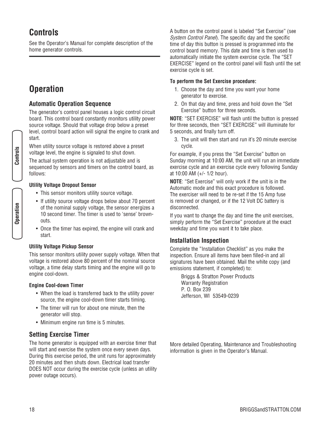 Briggs & Stratton 45000 Controls, Automatic Operation Sequence, Setting Exercise Timer, Installation Inspection 