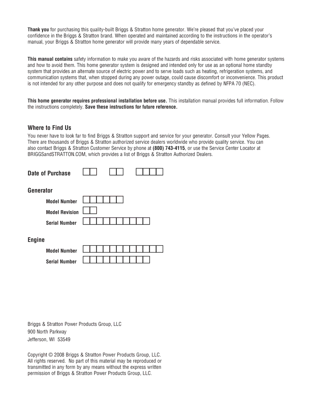 Briggs & Stratton 45000 Where to Find Us, Date of Purchase Generator, Engine, Model Number Model Revision Serial Number 