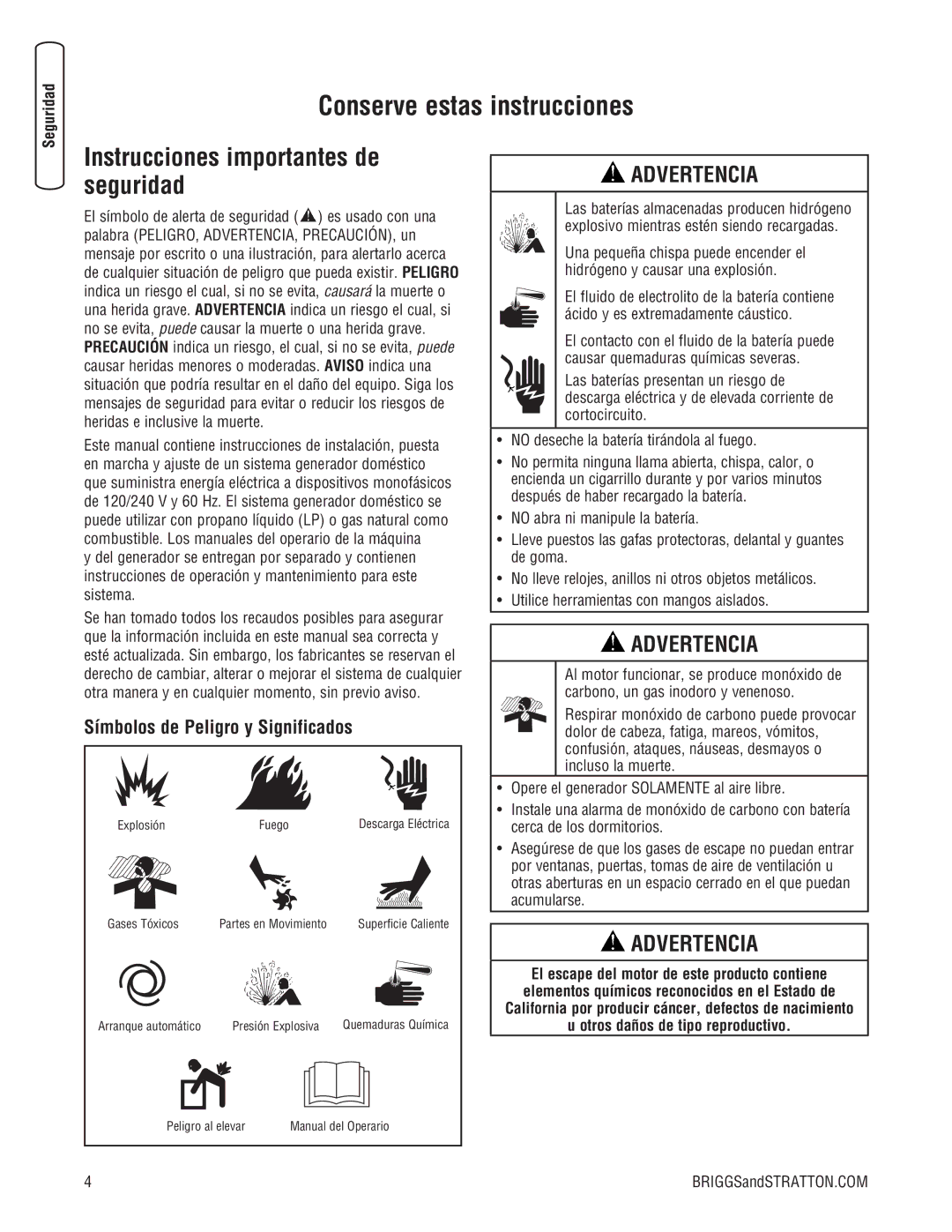 Briggs & Stratton 45000 system manual Conserve estas instrucciones, Símbolos de Peligro y Significados 