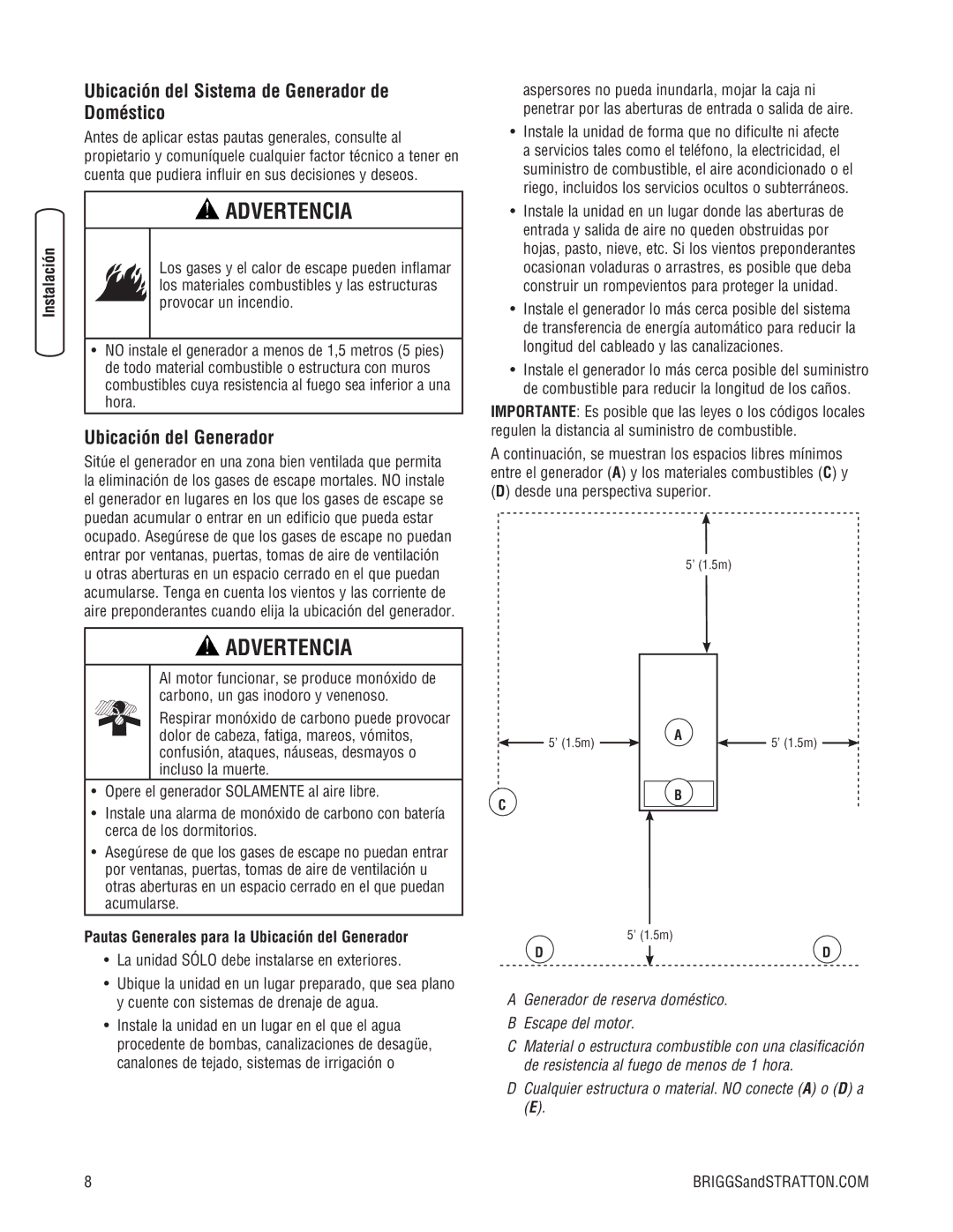 Briggs & Stratton 45000 system manual Ubicación del Sistema de Generador de Doméstico, Ubicación del Generador 