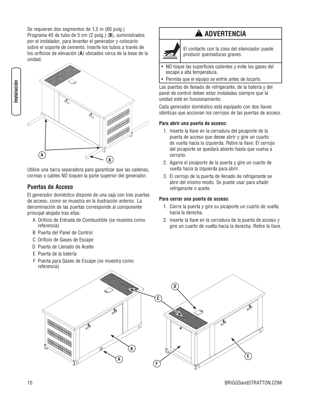 Briggs & Stratton 45000 system manual Puertas de Acceso, Para abrir una puerta de acceso, Para cerrar una puerta de acceso 