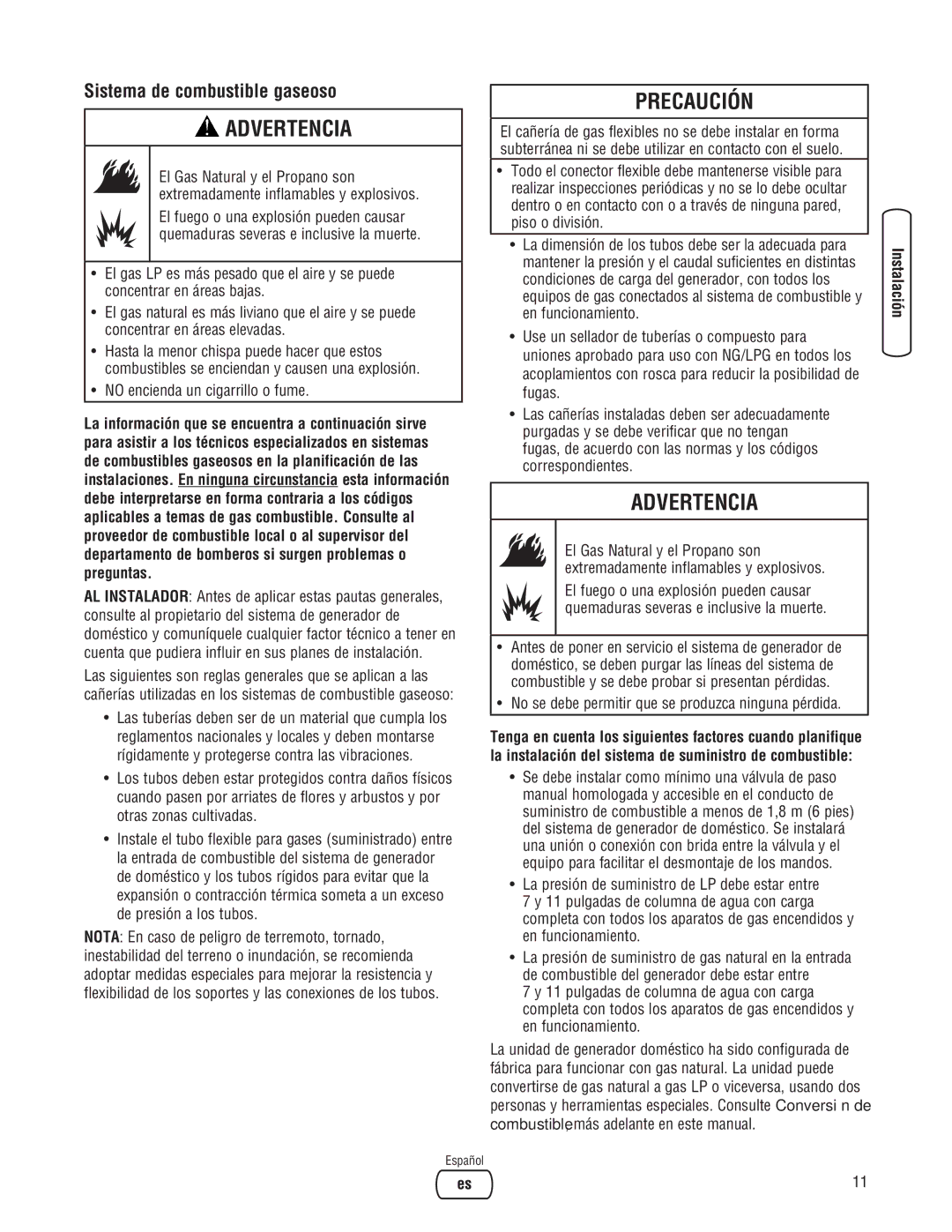 Briggs & Stratton 45000 system manual Sistema de combustible gaseoso, No encienda un cigarrillo o fume 