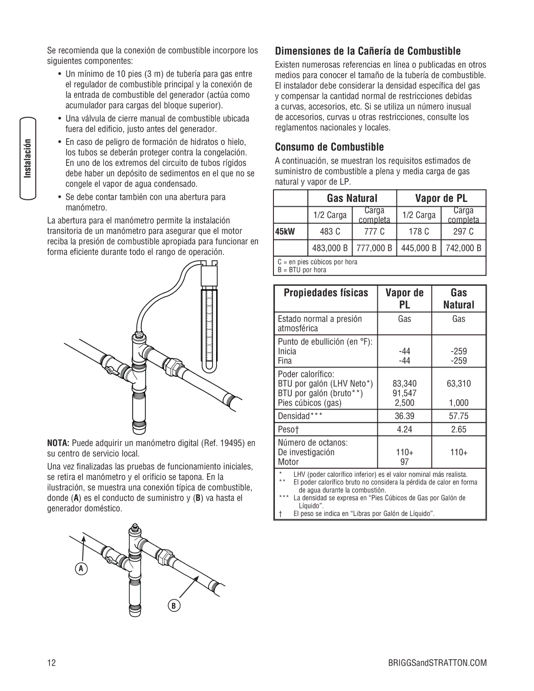 Briggs & Stratton 45000 Dimensiones de la Cañería de Combustible, Consumo de Combustible, Gas Natural Vapor de PL 