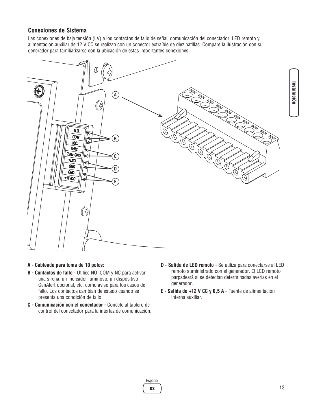 Briggs & Stratton 45000 system manual Conexiones de Sistema, Cableado para toma de 10 polos 