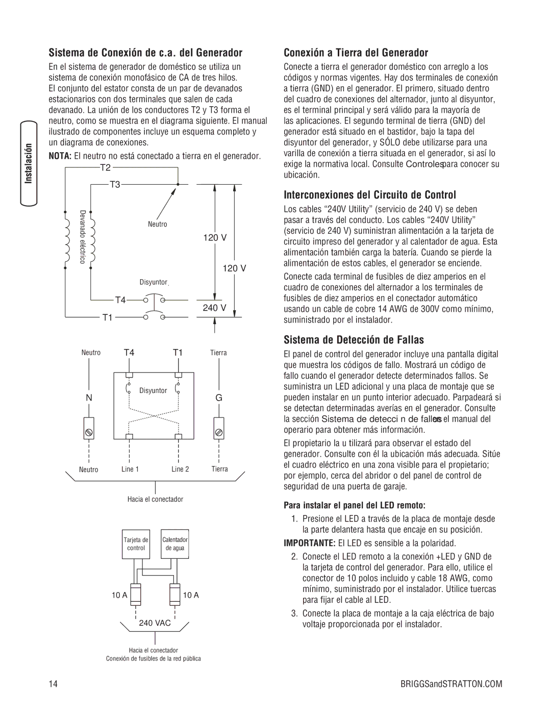 Briggs & Stratton 45000 system manual Sistema de Conexión de c.a. del Generador, Conexión a Tierra del Generador 