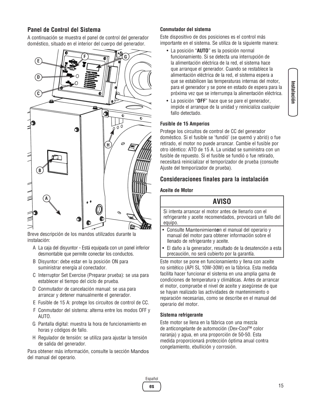 Briggs & Stratton 45000 system manual Panel de Control del Sistema, Consideraciones finales para la instalación 