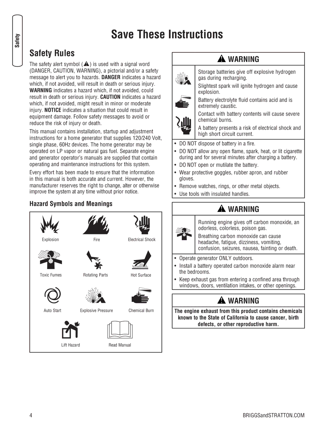 Briggs & Stratton 45000 system manual Safety Rules, Hazard Symbols and Meanings, BRIGGSandSTRATTON.COM 