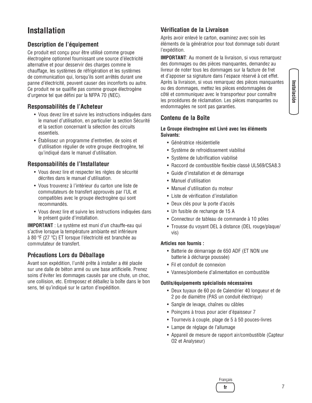 Briggs & Stratton 45000 Description de l’équipement, Responsabilités de l’Acheteur, Responsabilités de l’Installateur 