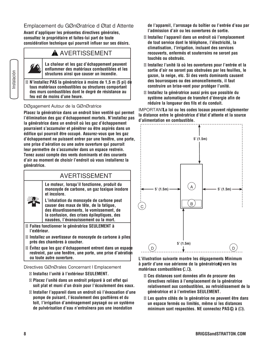 Briggs & Stratton 45000 system manual Emplacement du Génératrice d’état d’Attente, Dégagement Autour de la Génératrice 