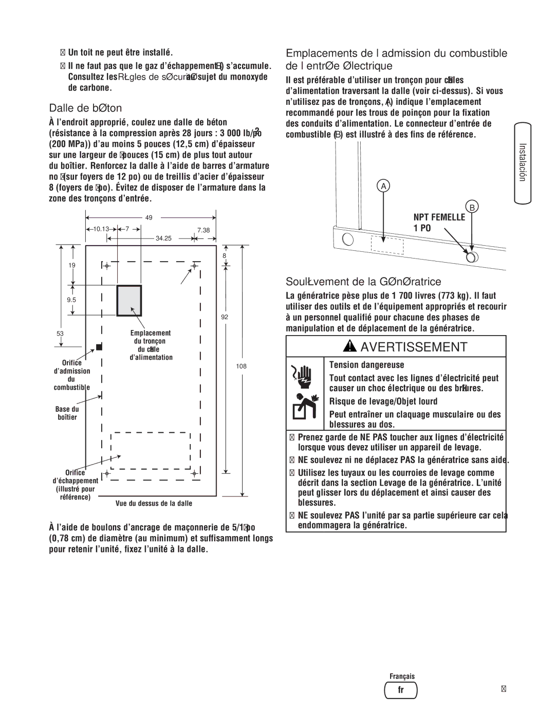 Briggs & Stratton 45000 system manual Dalle de béton, Soulèvement de la Génératrice 