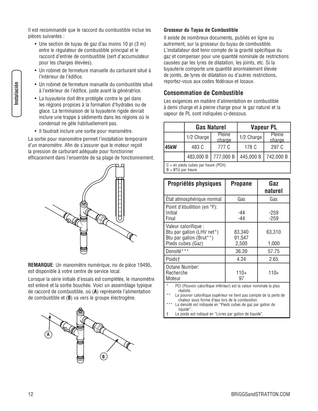Briggs & Stratton 45000 Consommation de Combustible, Gas Naturel Vapeur PL, Propane Gaz, Grosseur du Tuyau de Combustible 