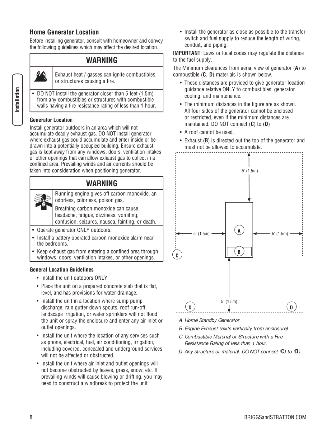 Briggs & Stratton 45000 system manual Home Generator Location, General Location Guidelines 