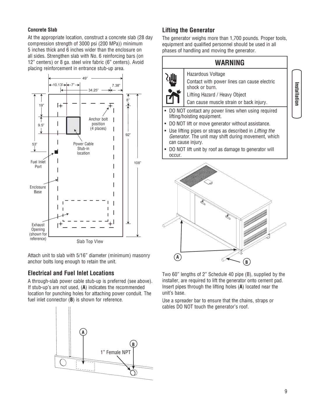 Briggs & Stratton 45000 system manual Electrical and Fuel Inlet Locations, Lifting the Generator, Concrete Slab, Female NPT 