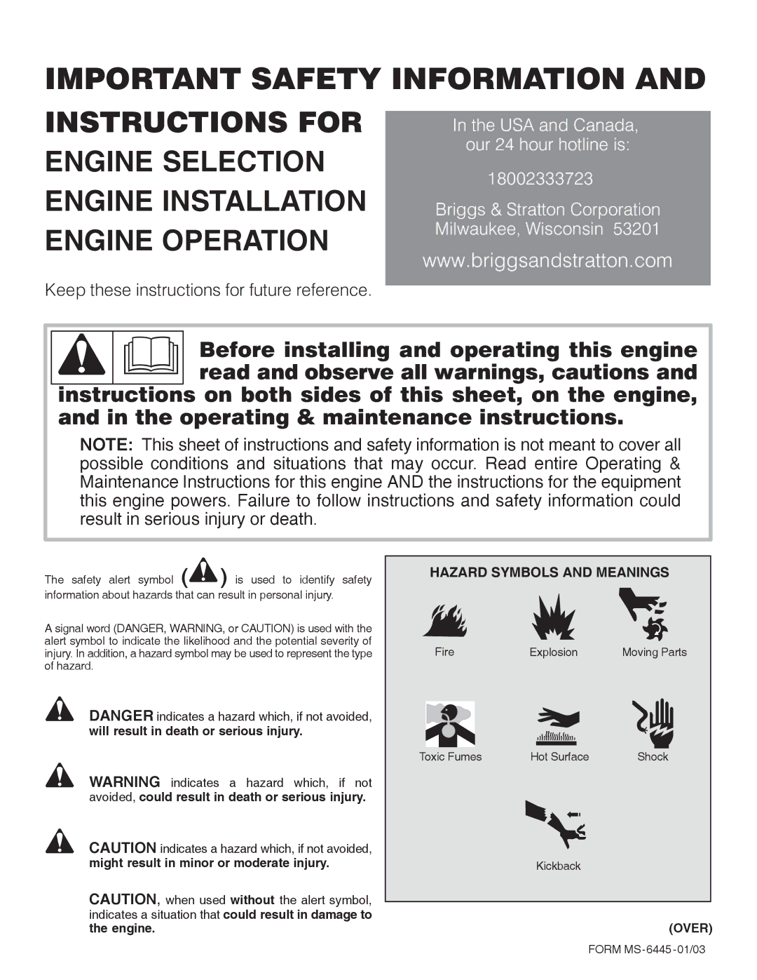 Briggs & Stratton 402700, 460700, 42A700, 42E700, 400700, 422700, 42C700, 42B700, 42D700 manual Important Safety Information 