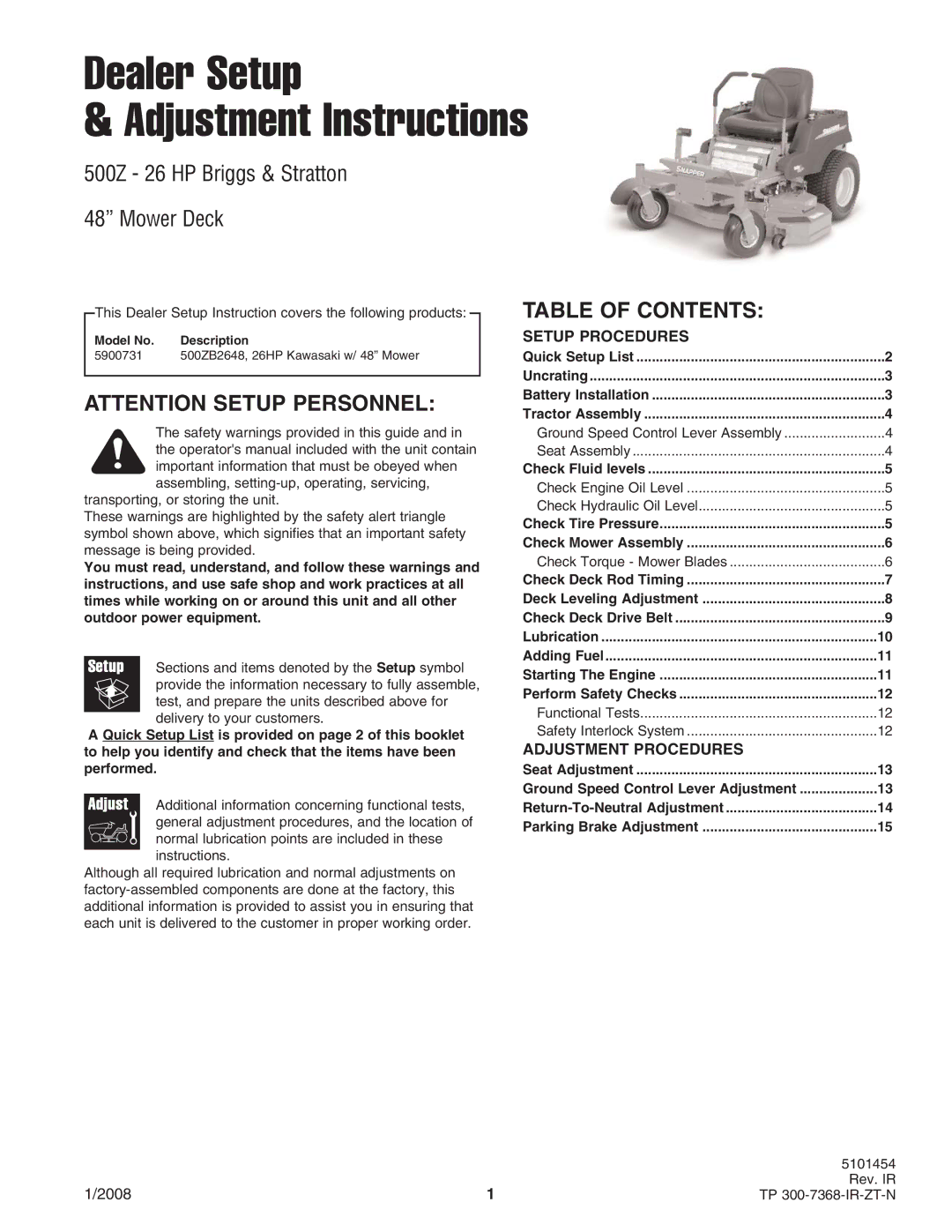 Briggs & Stratton 500Z - 26 manual Dealer Setup Adjustment Instructions 