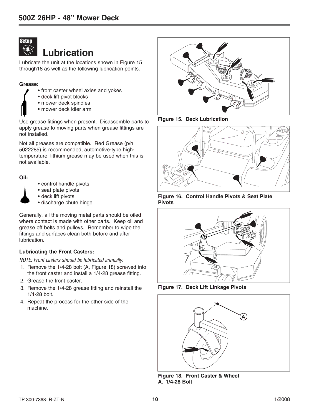 Briggs & Stratton 500Z - 26 manual Lubrication, Grease, Oil, Lubricating the Front Casters 